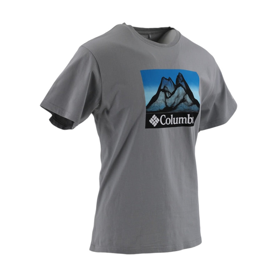 A gray short-sleeve crewneck t-shirt featuring a rectangular chest graphic of a mountain range under a blue sky with the 'Columbia' brand name and logo printed below it.