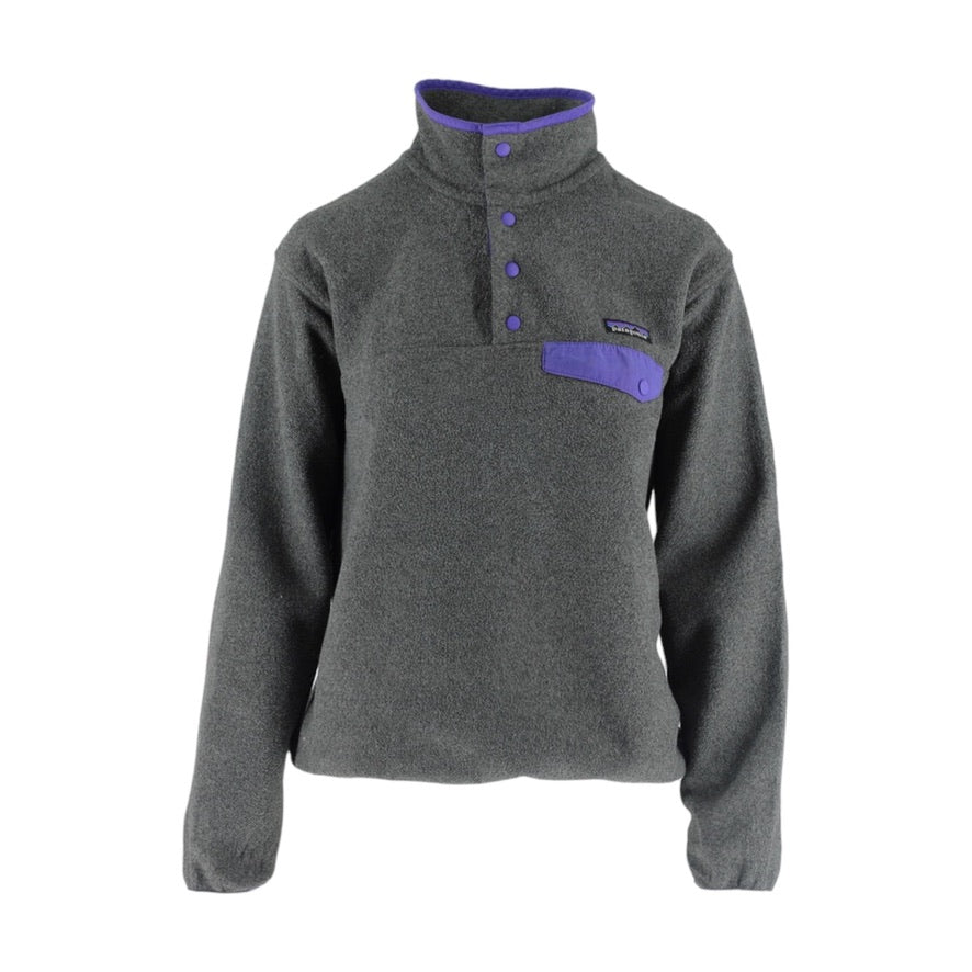 Gray fleece pullover with purple accents on a white background