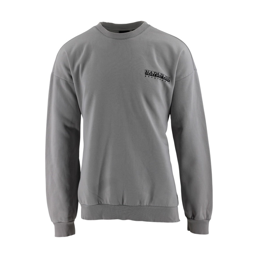Gray sweatshirt with a logo on the chest against a white background