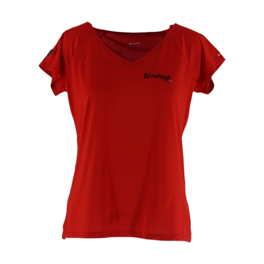 Red t-shirt with a brand logo on a white background