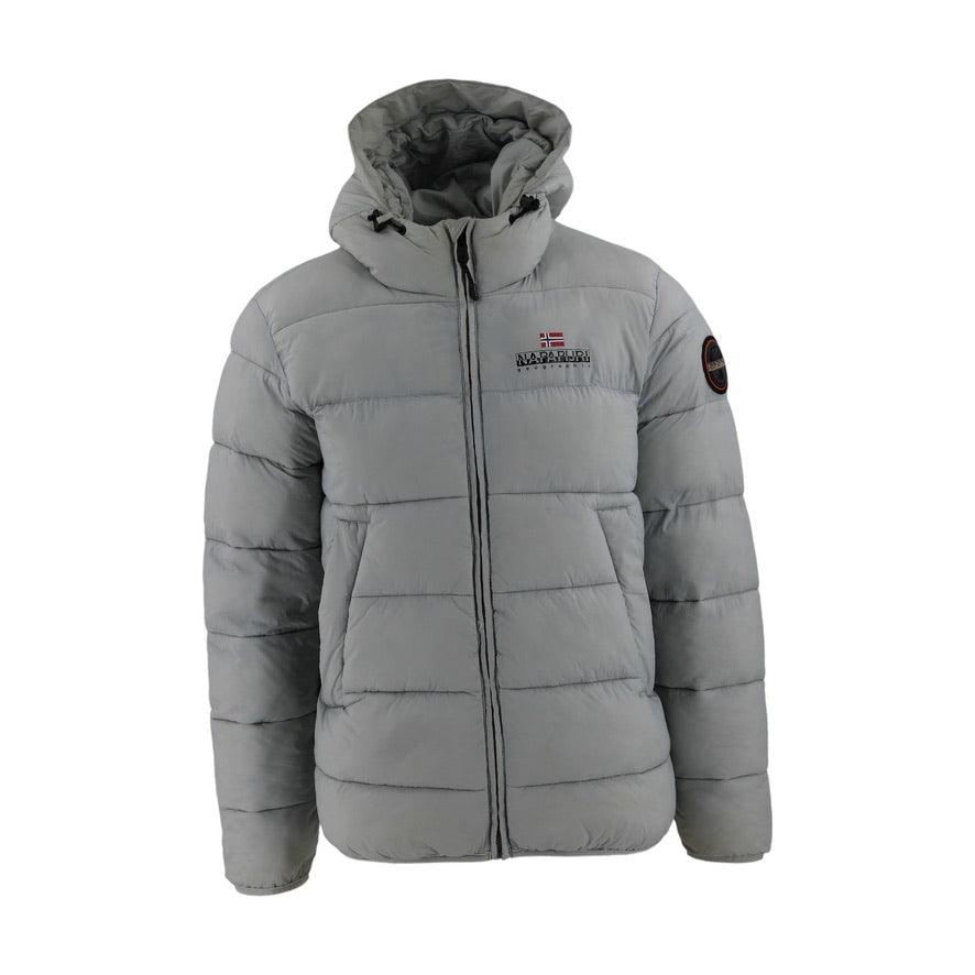 Gray puffer jacket with a brand logo on a white background