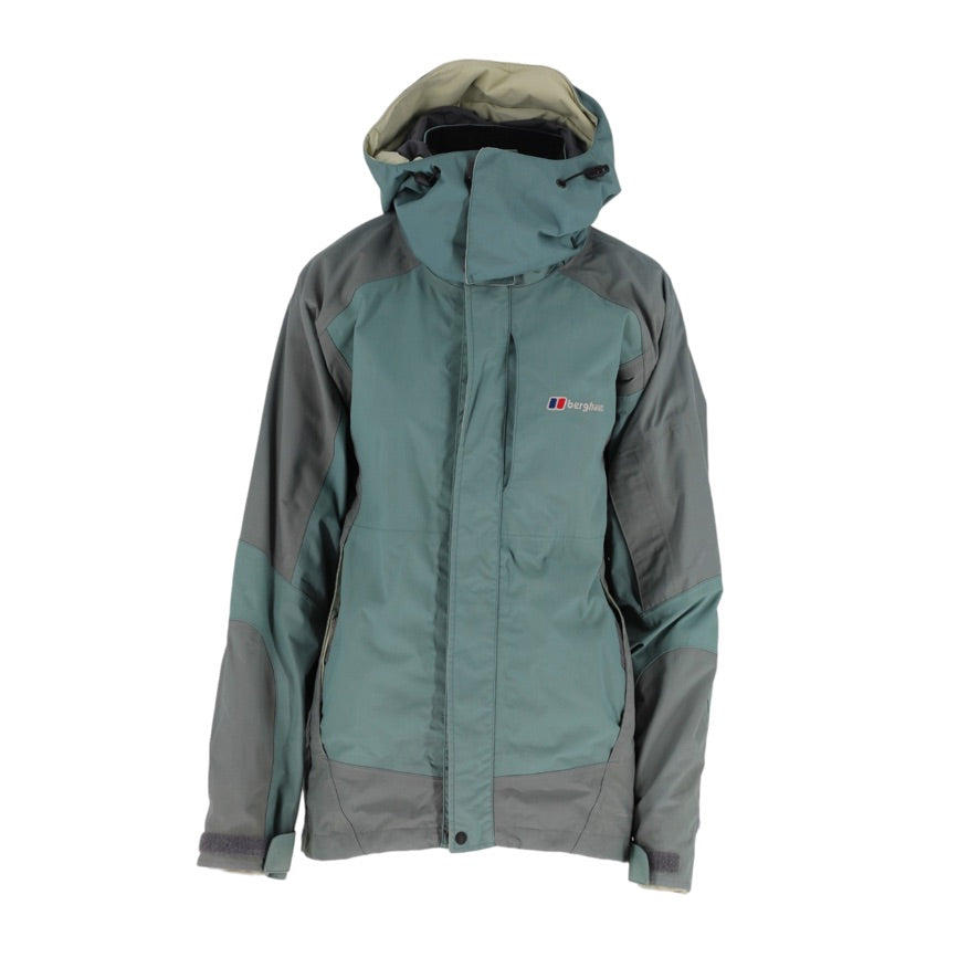 A women's Mergellina hooded jacket in a colorblock design of sage green and gray, featuring a small red and blue logo on the left chest, displayed against a plain white background.