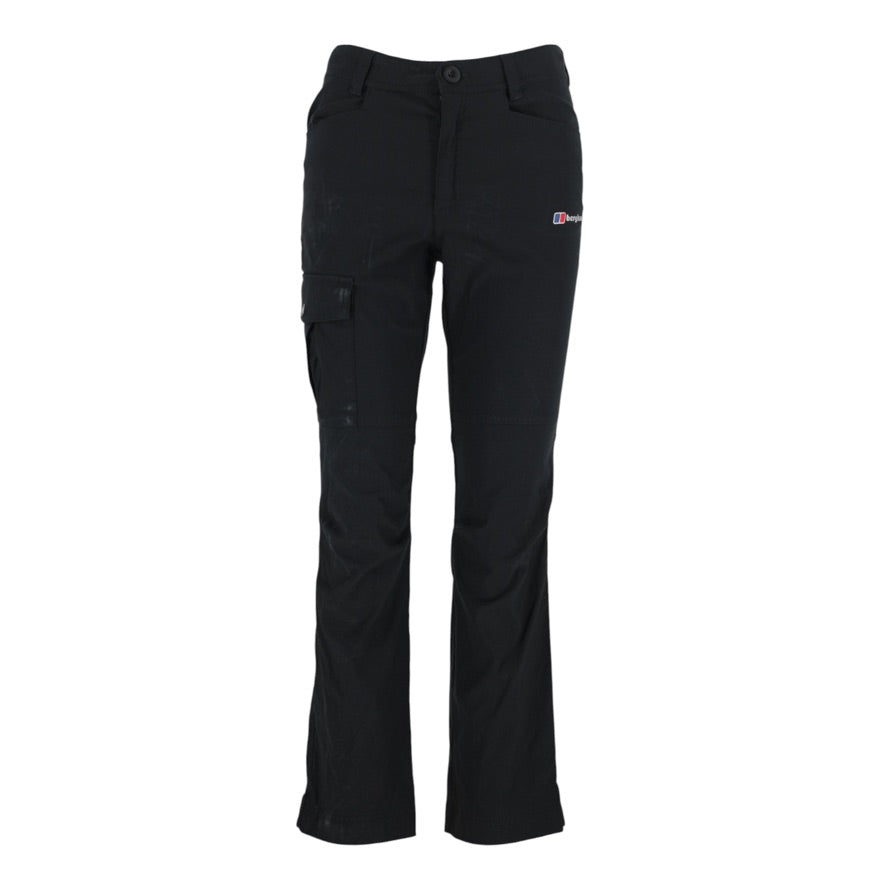 Black cargo pants with a small red and white embroidered logo on the left thigh, shown against a plain white background.