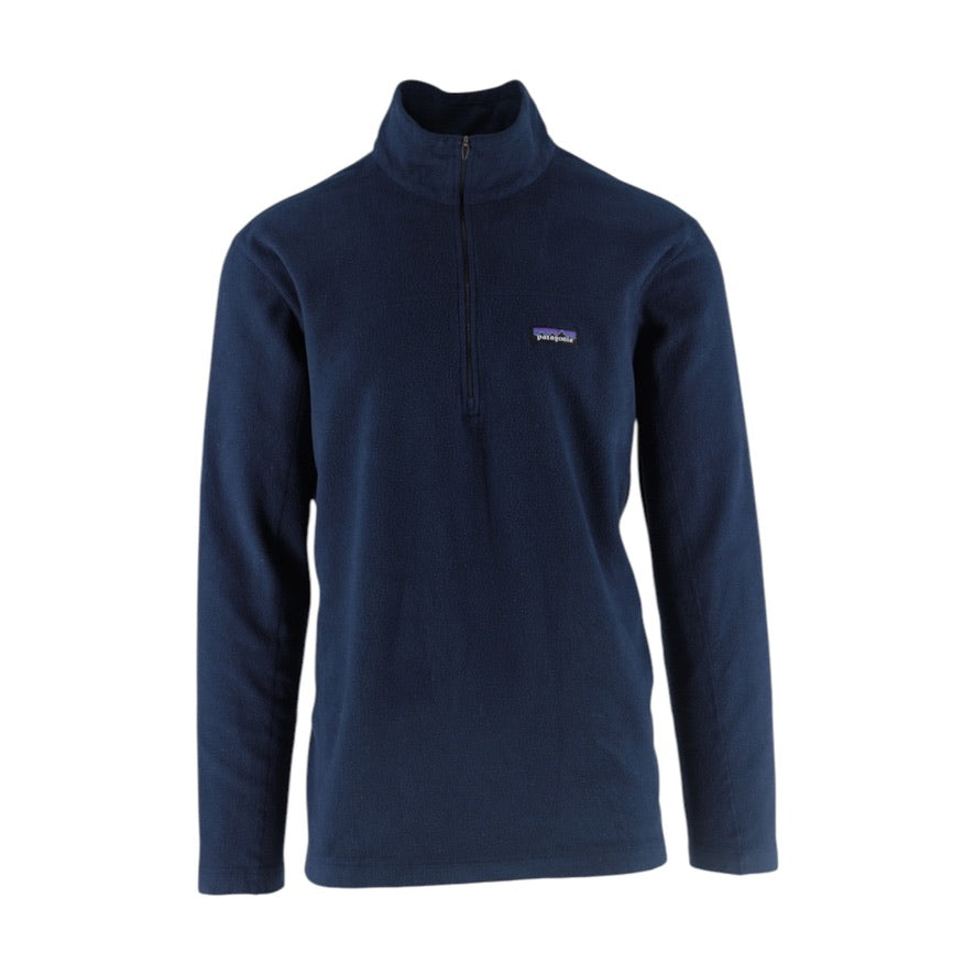 Navy blue fleece pullover with a brand logo on a white background