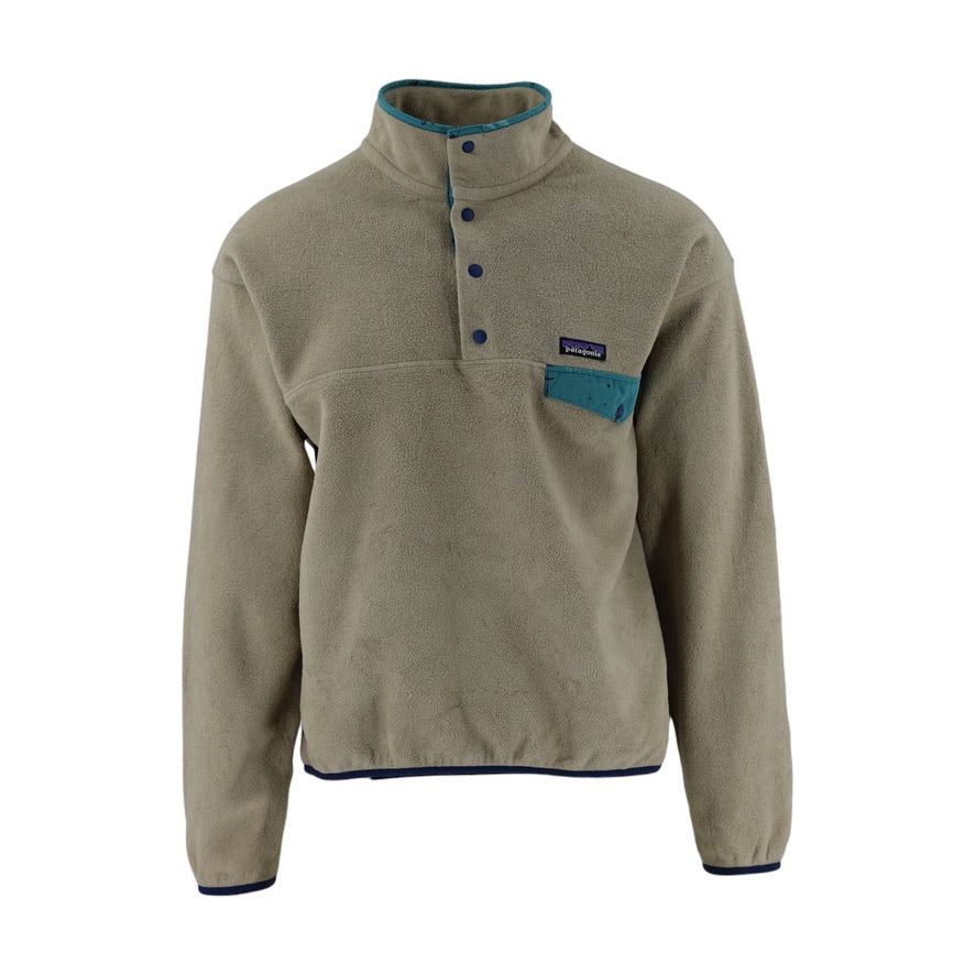 Beige fleece pullover with blue accents on a white background