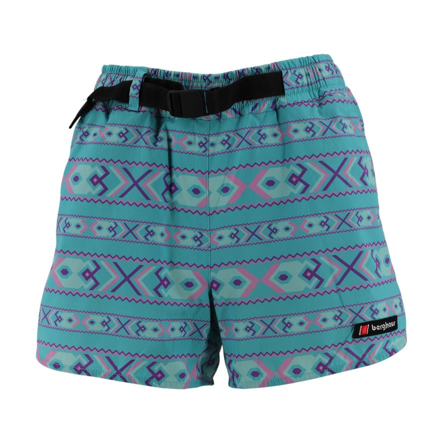Turquoise shorts with a pattern and a belt on a white background