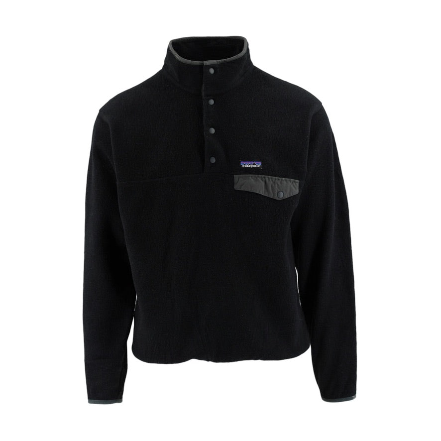Black fleece pullover with a brand logo on a white background