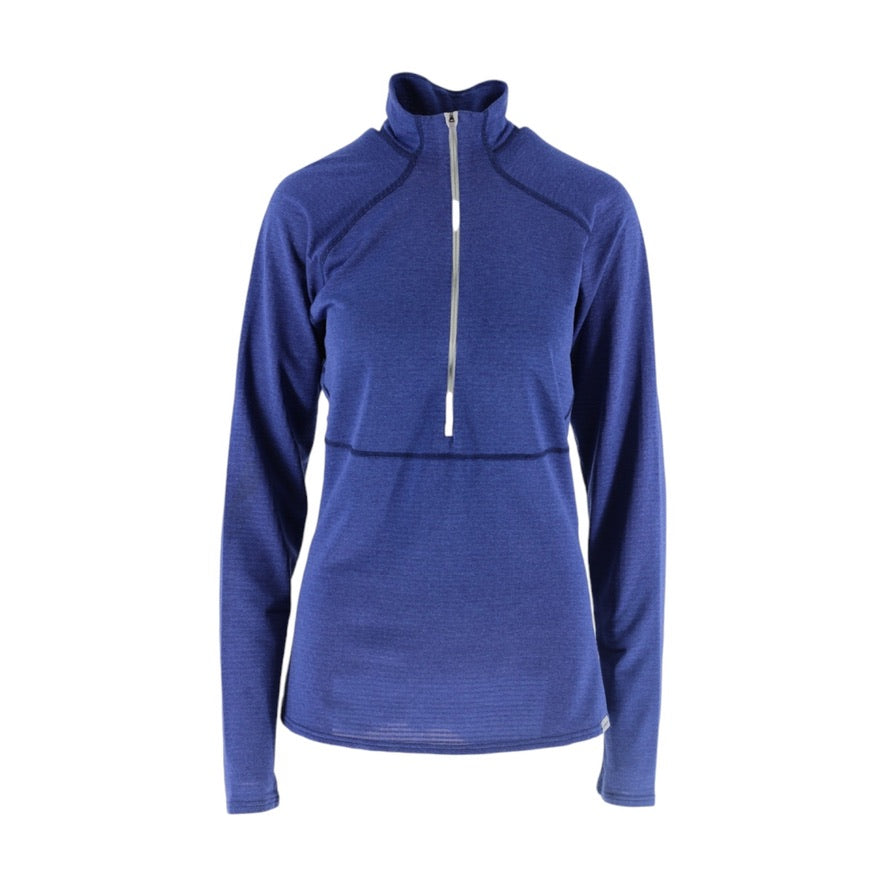 Blue long-sleeve pullover with a white zipper on a white background
