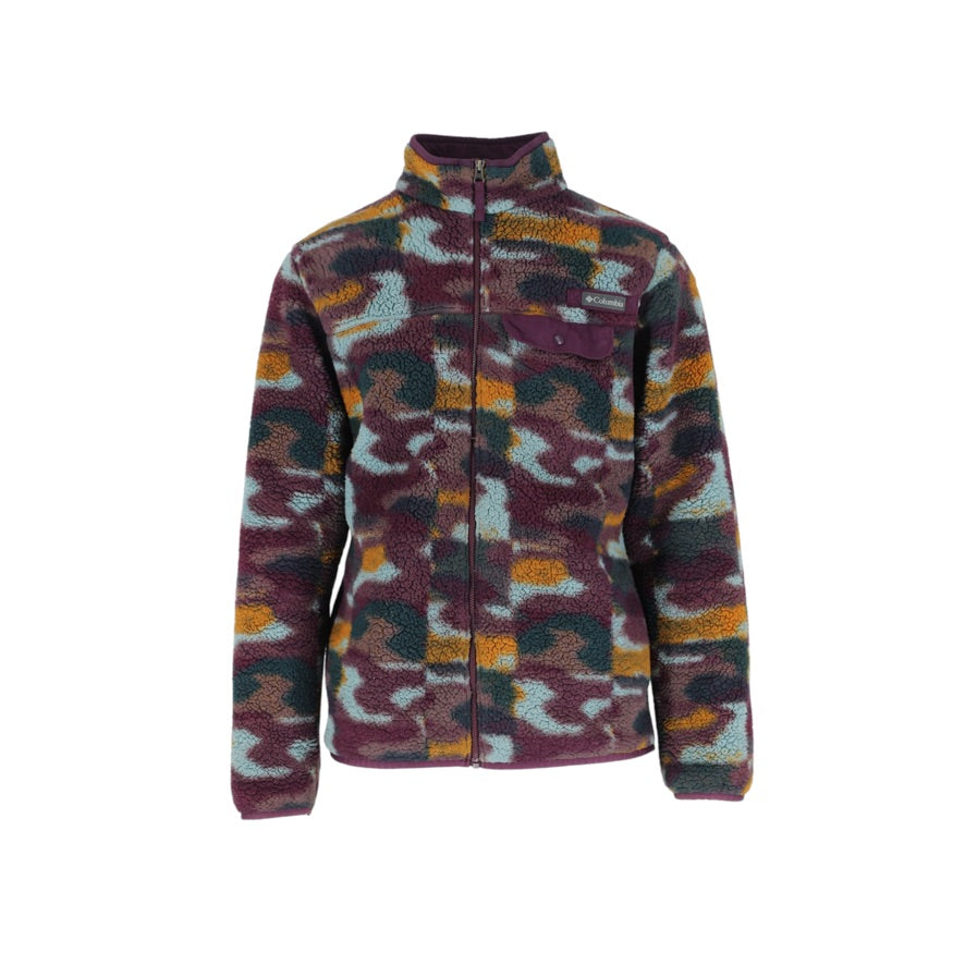 A fleece zip-up jacket with a multicolor camouflage pattern in burgundy, orange, green, and light blue, shown against a plain white background.
