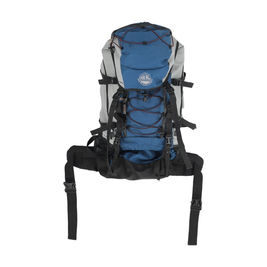 A blue and gray hiking backpack with black straps and buckles, shown from the front against a plain white background.