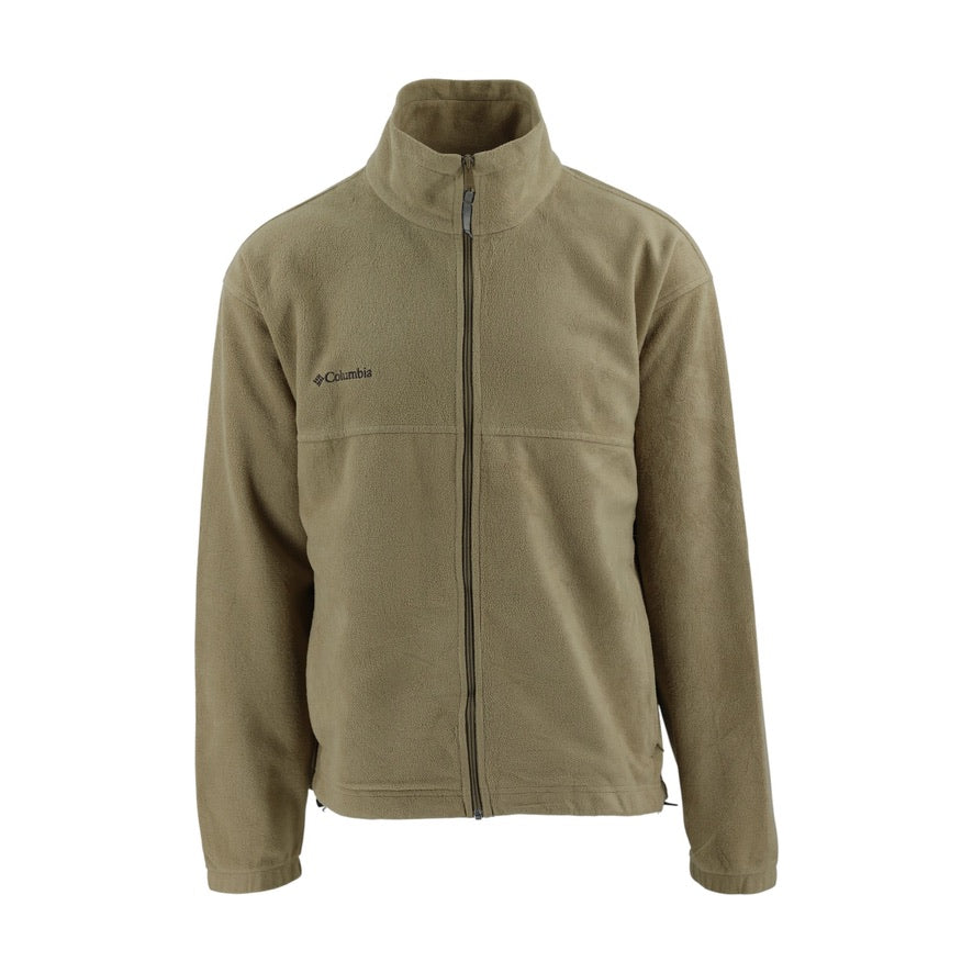Khaki fleece jacket with Columbia logo on a white background