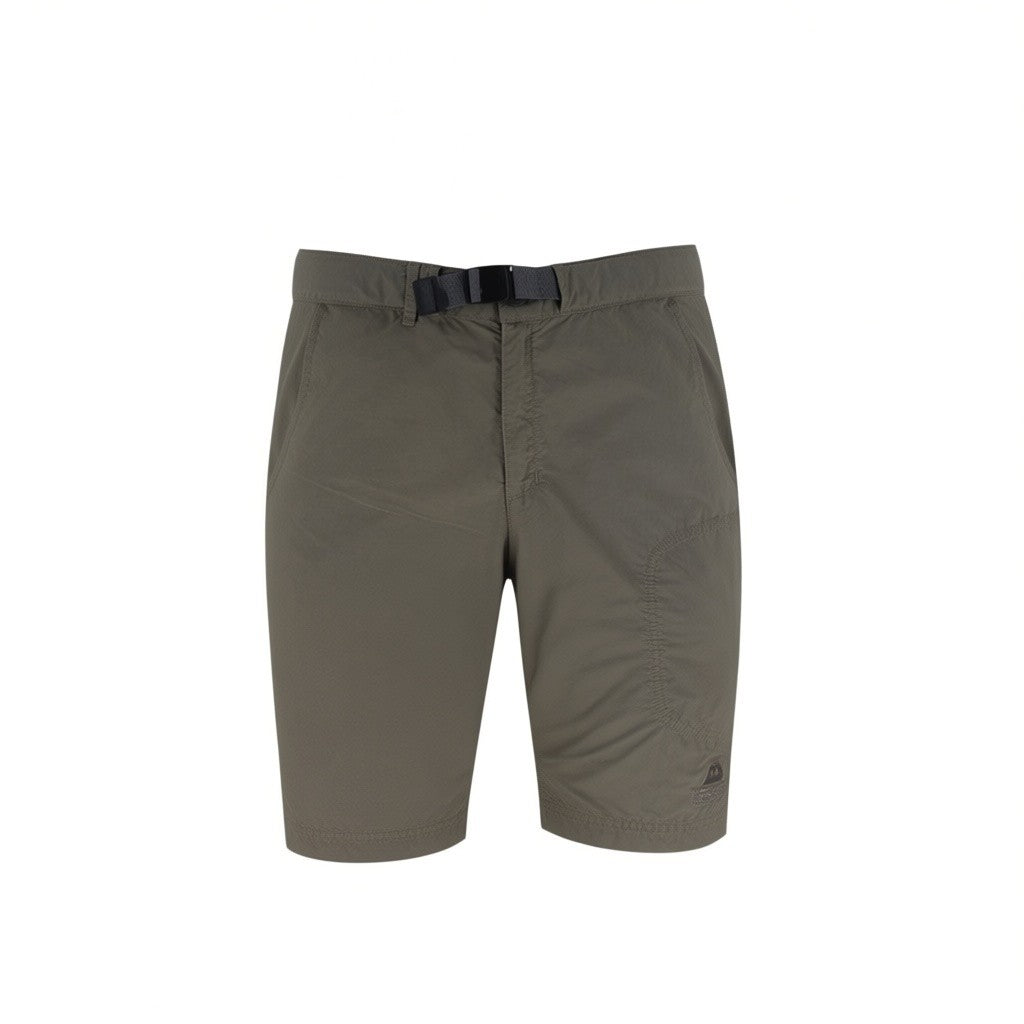 A pair of olive green outdoor shorts with a black belt, shown flat against a solid white background.