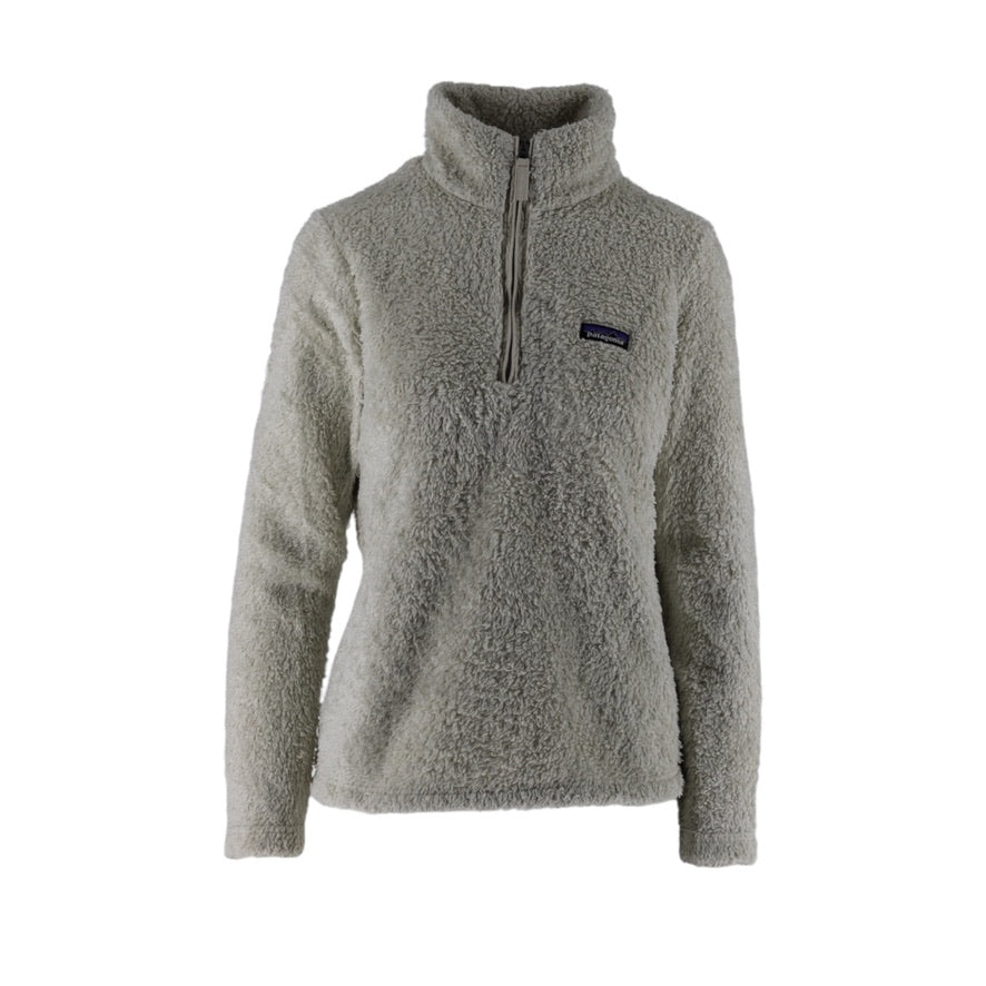 Gray fleece pullover with a brand logo on a white background