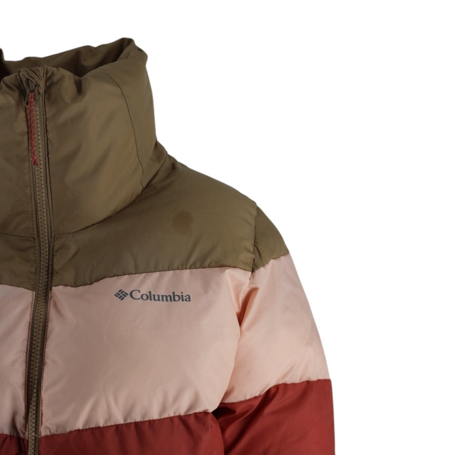 Close-up of a Columbia puffer jacket showing the hood, zipper, and color-blocked panels in olive green, light pink, and rust red on a white background.