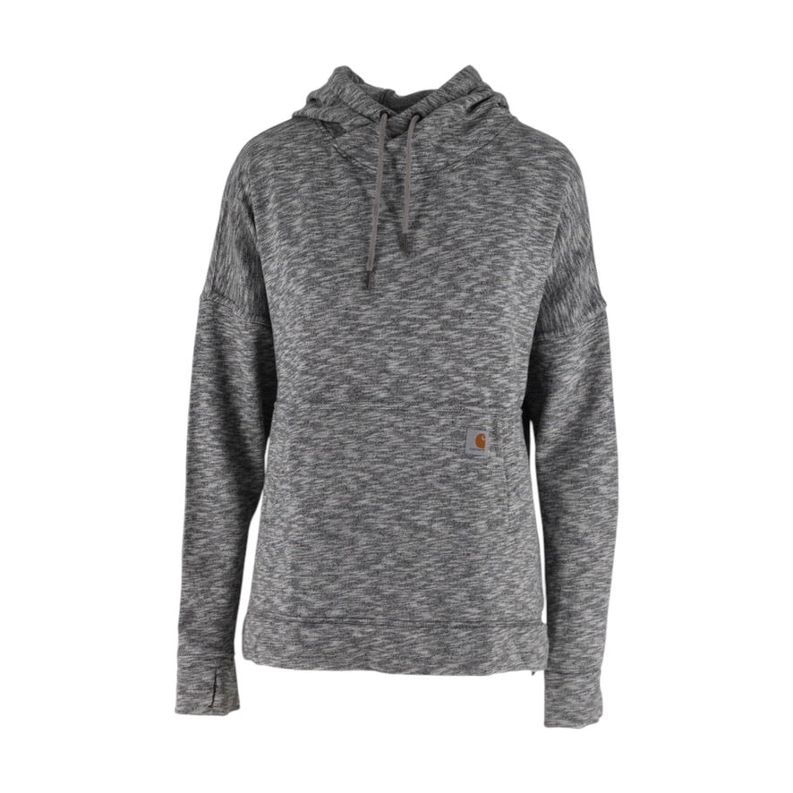 Gray hoodie with a brand logo on a white background