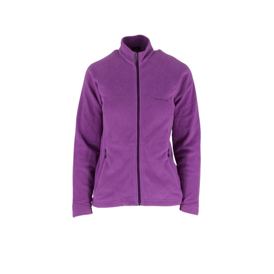 A purple full-zip fleece jacket with a stand-up collar and zippered hand pockets, shown on a plain white background.