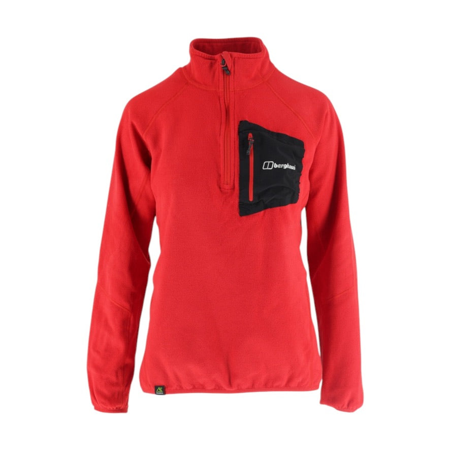 Red fleece pullover with a black pocket on a white background