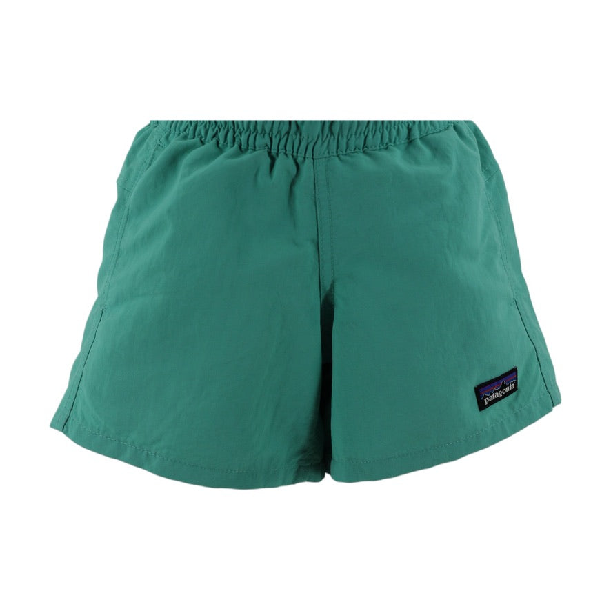 Teal shorts with a Patagonia logo on a white background