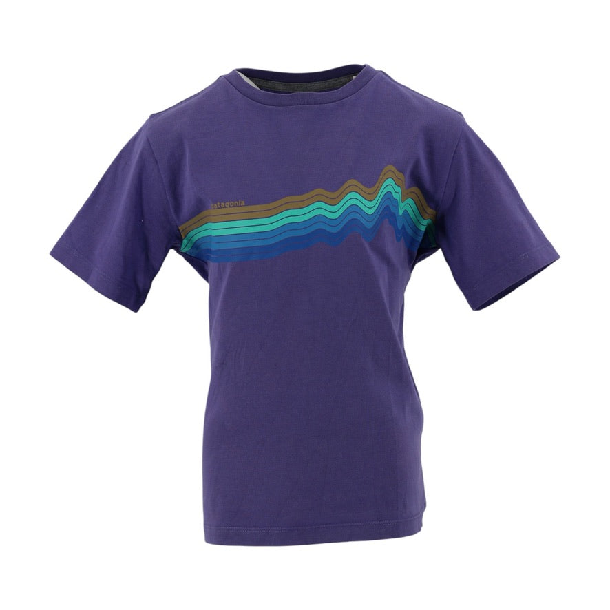 Purple t-shirt with a colorful graphic on the sleeve against a white background