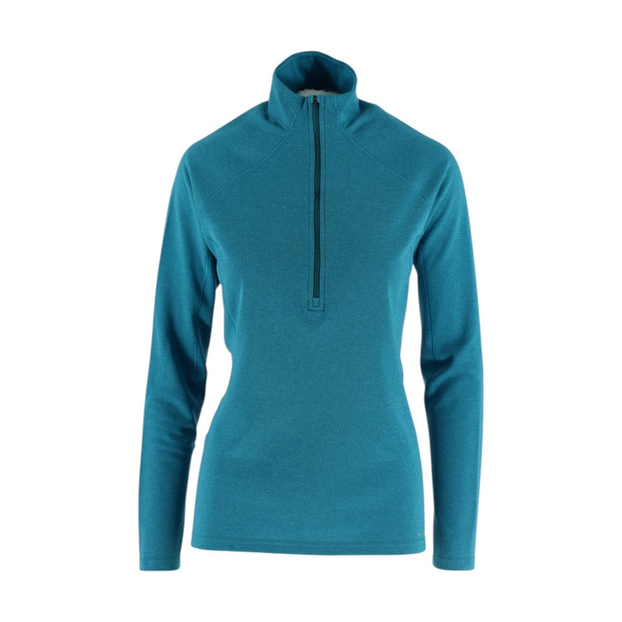 Teal long-sleeve pullover with a quarter zip on a white background