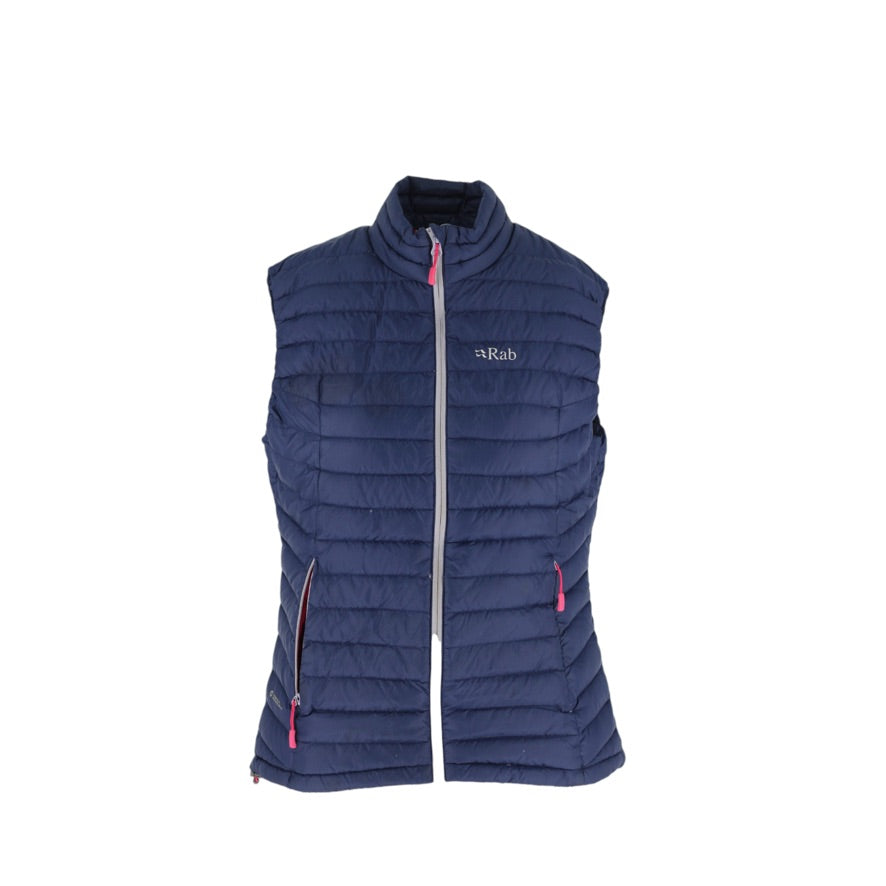 A navy blue quilted puffer vest with a full front zipper, stand-up collar, and small white Rab logo on the left chest, shown against a plain white background.