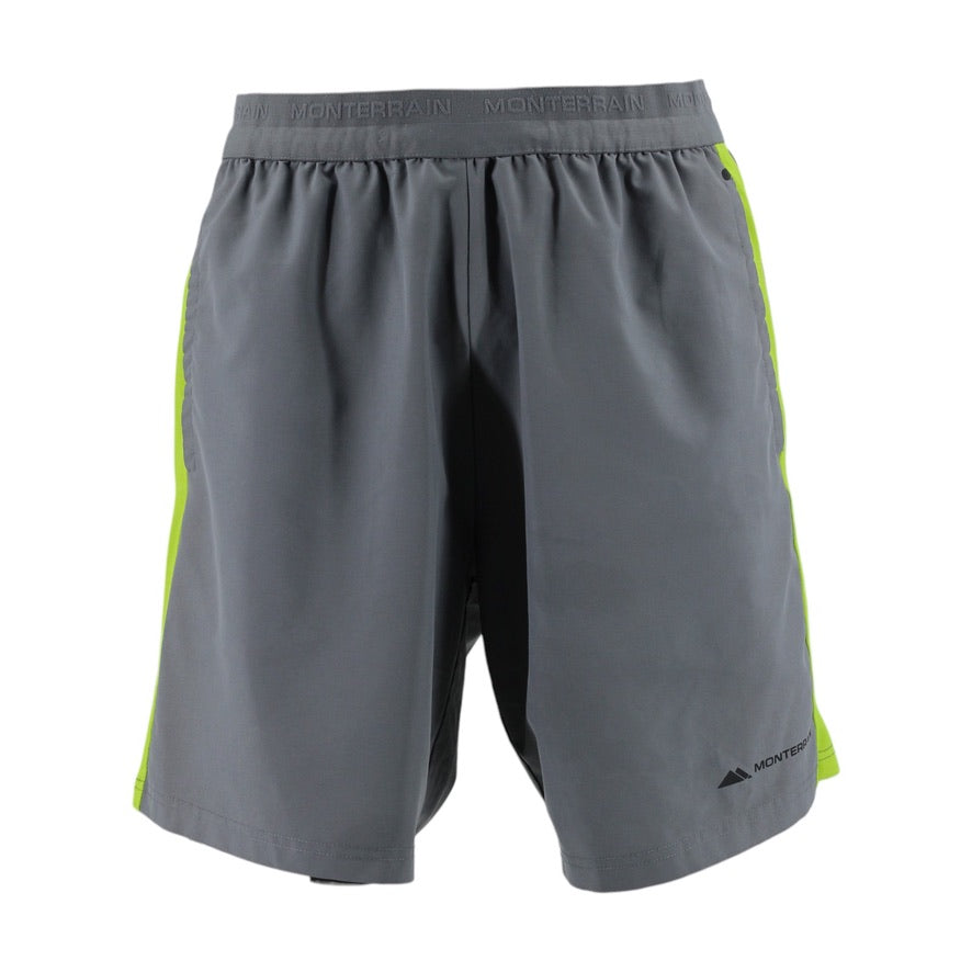 Gray athletic shorts with green accents on a white background