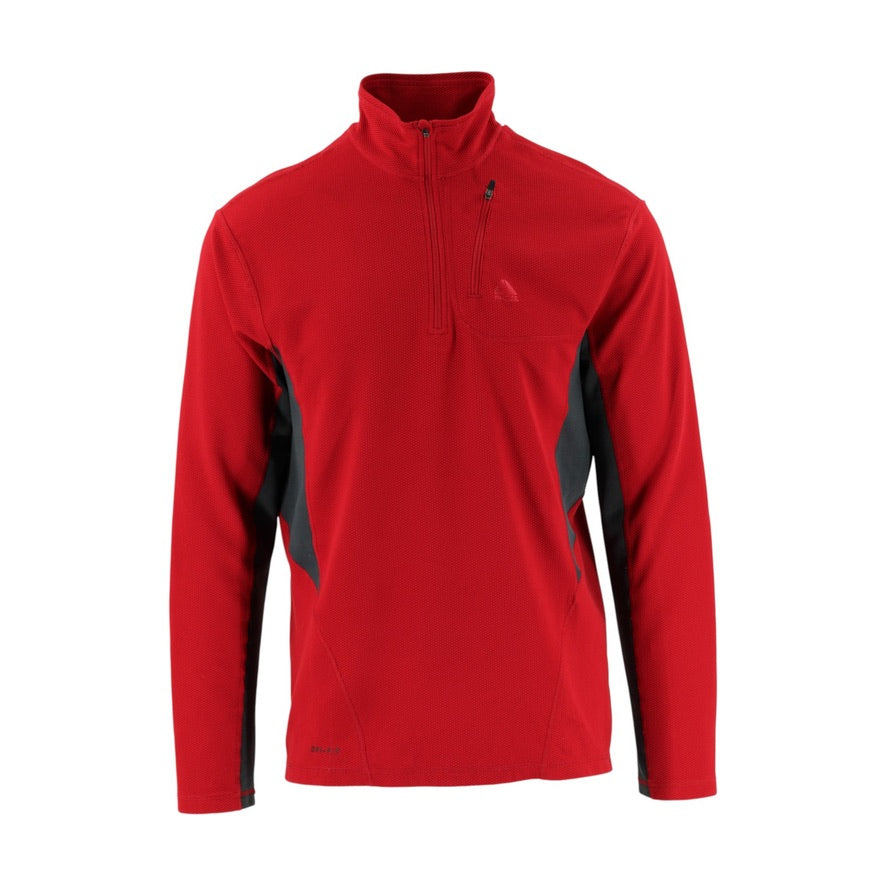 Red pullover with black accents on a white background