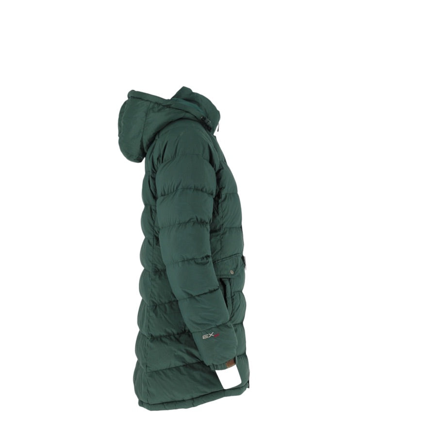 Montbell EX800 Down Coat Women’s Small Green Long Puffer Removable Hood