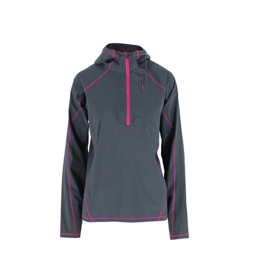 A dark gray hooded athletic jacket with a half-zip neckline and bright pink piping accents, shown on a plain white background.