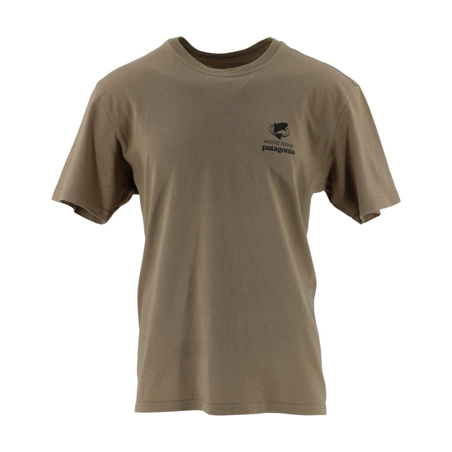 Brown t-shirt with a logo on the chest against a white background