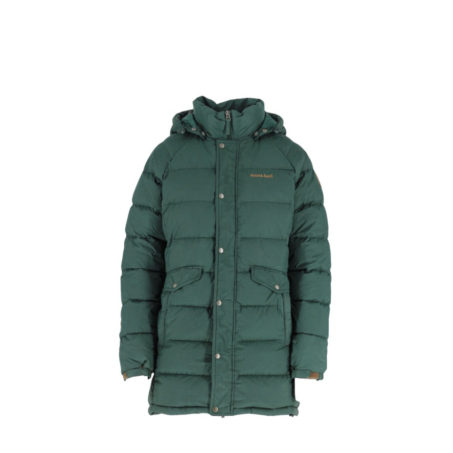 A dark green hooded puffer jacket with horizontal quilting, front snap buttons, and flap pockets, shown against a plain white background.
