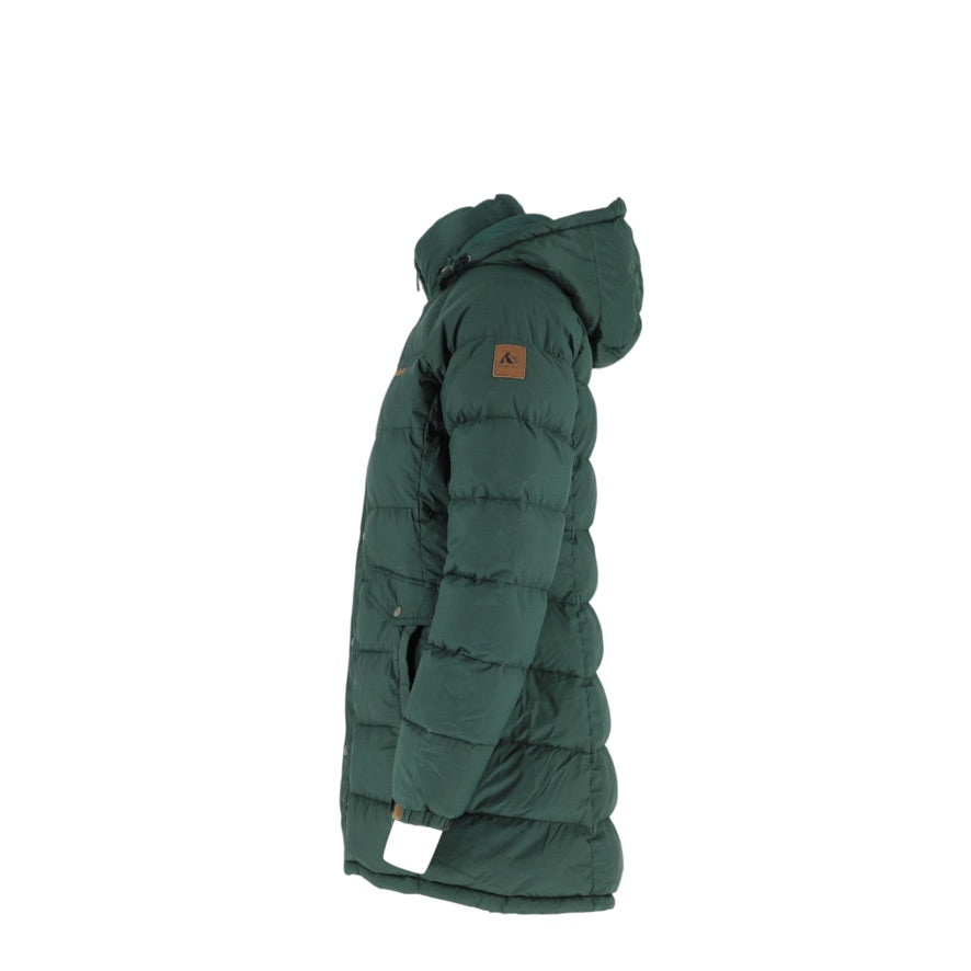 Montbell EX800 Down Coat Women’s Small Green Long Puffer Removable Hood