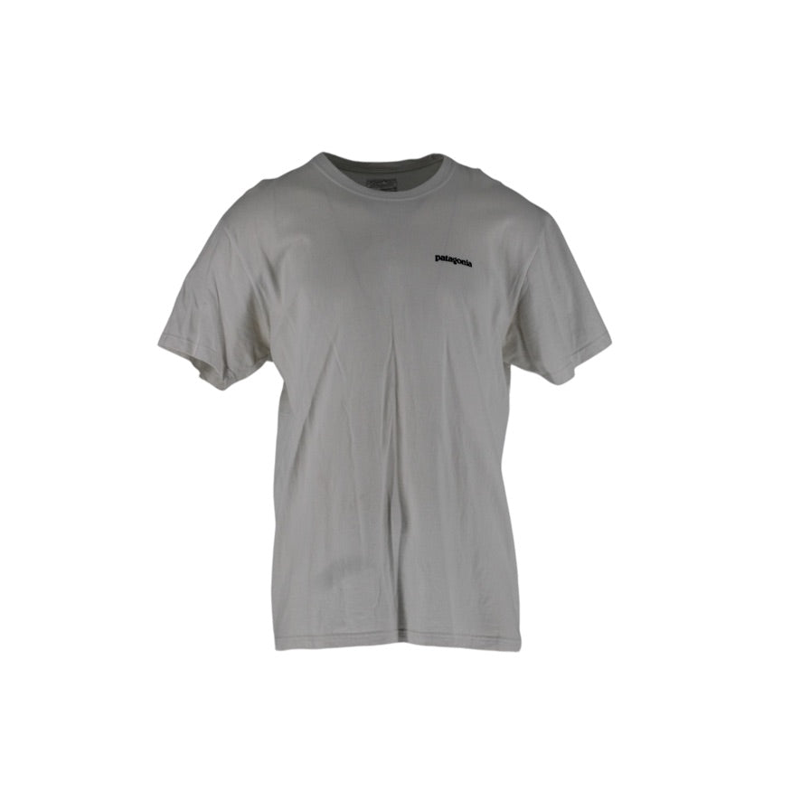 A light gray short-sleeve crewneck t-shirt with a small black Patagonia logo on the left chest, displayed against a plain white background.