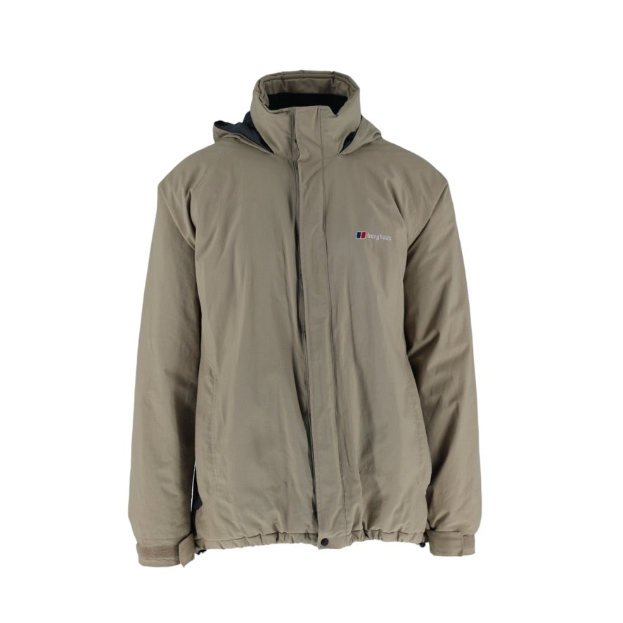 A hooded zip-up jacket in a light khaki-beige color, featuring a small red and blue logo on the left chest, displayed against a solid white background.