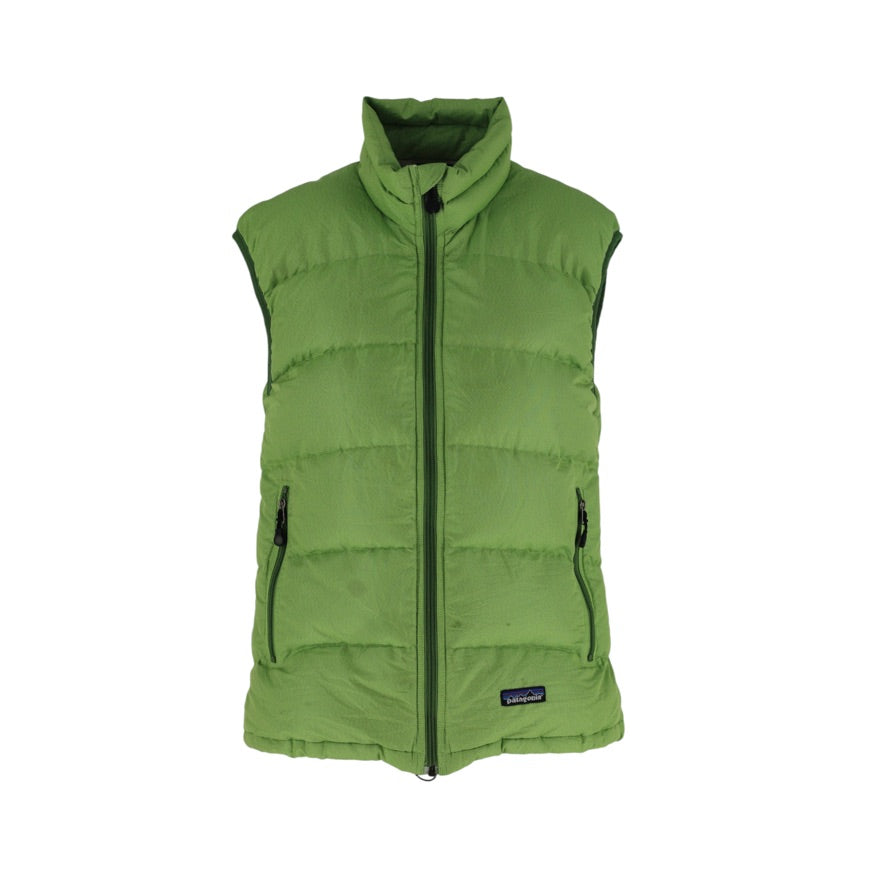 A green quilted puffer vest with a high stand-up collar, front zipper, and zippered hand pockets, shown against a plain white background.