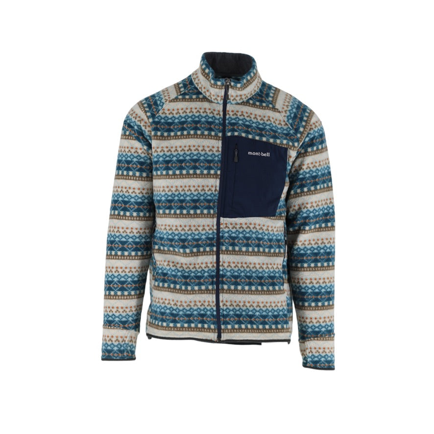 A men's fleece jacket with a multicolor Fair Isle pattern in blue, beige, and brown, featuring a solid navy blue chest pocket with the brand name 'mount base' printed on it.