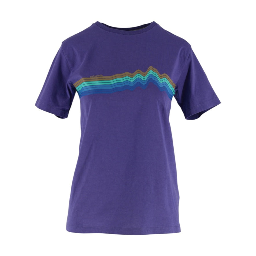 Purple t-shirt with a colorful stripe design on a white background