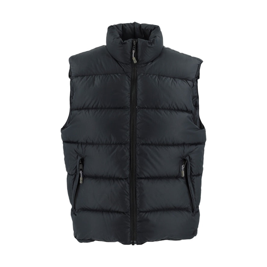 Black puffer vest on a white background