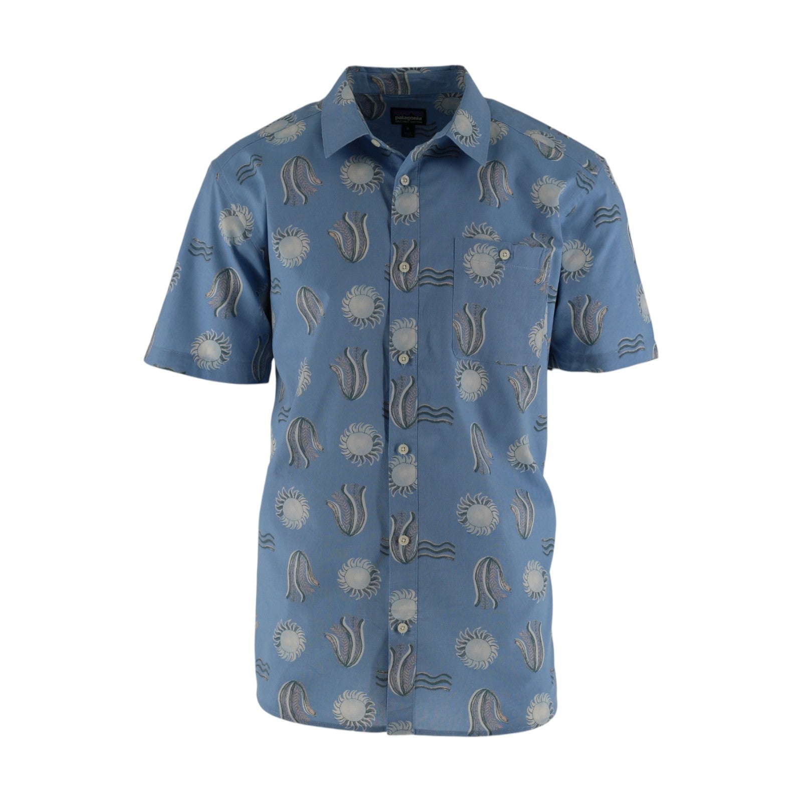 Blue shirt with abstract pattern on a white background