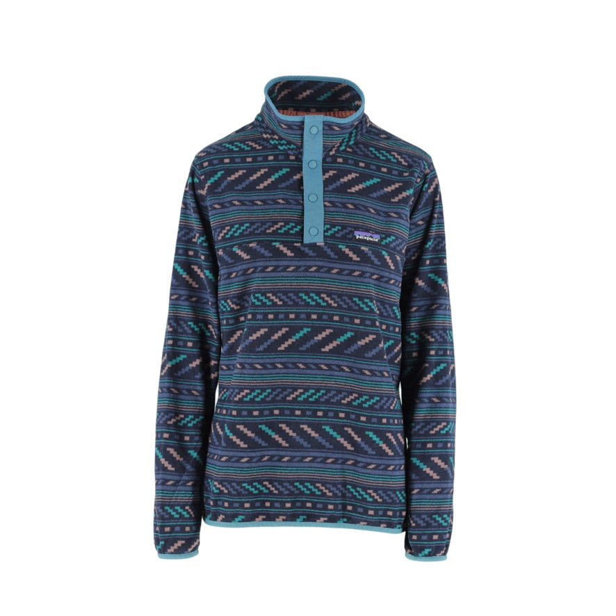 A long-sleeve quarter-zip fleece pullover by Patagonia, featuring a dark navy and teal geometric pattern with a teal button placket and collar trim, shown against a plain white background.