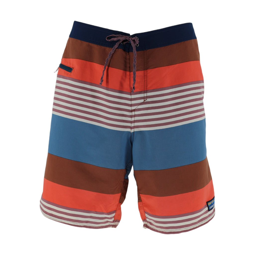 Striped shorts with blue, orange, and brown colors on a white background