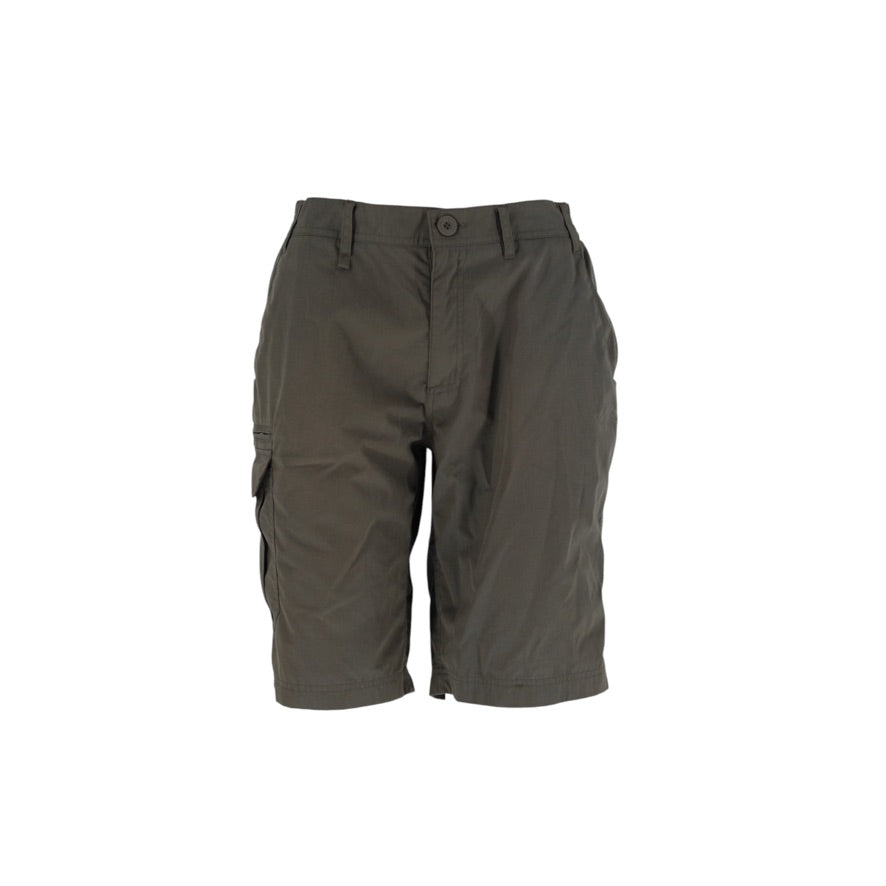 A pair of dark olive green cargo shorts displayed against a solid white background.
