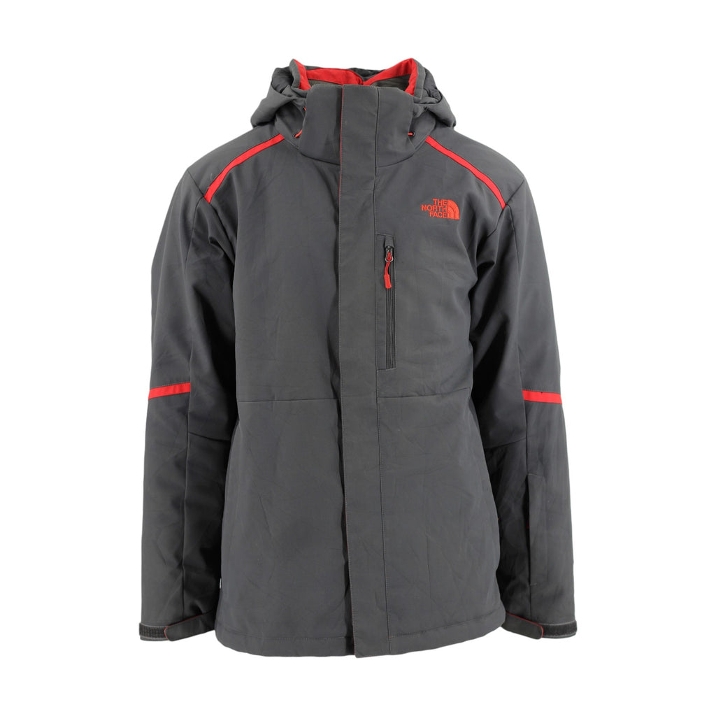 Gray jacket with red accents and The North Face logo on a white background