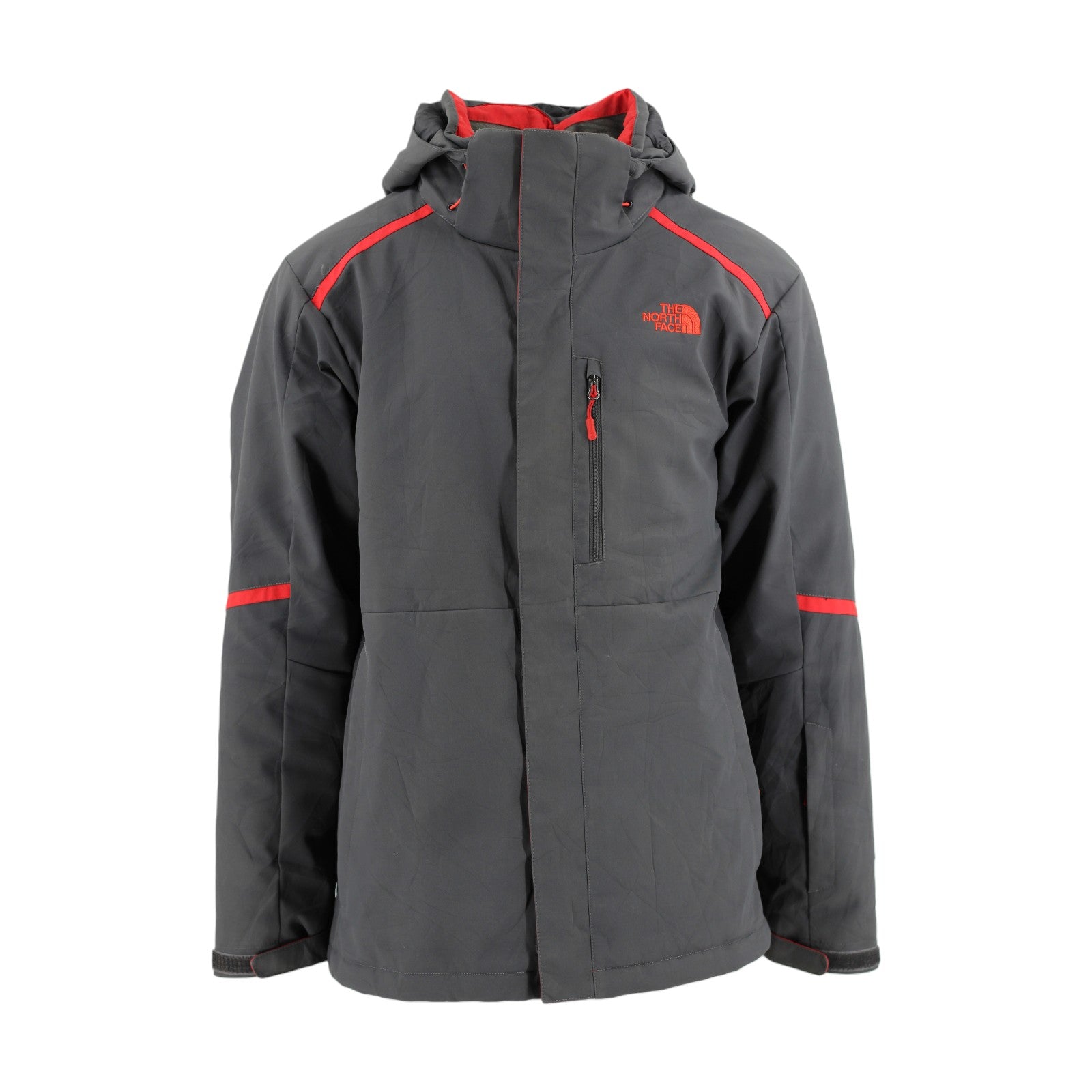 Gray jacket with red accents and The North Face logo on a white background
