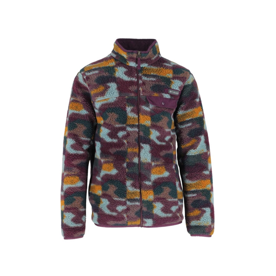 A fleece zip-up jacket with a multicolor camouflage pattern in shades of purple, orange, green, and blue, shown against a plain white background.
