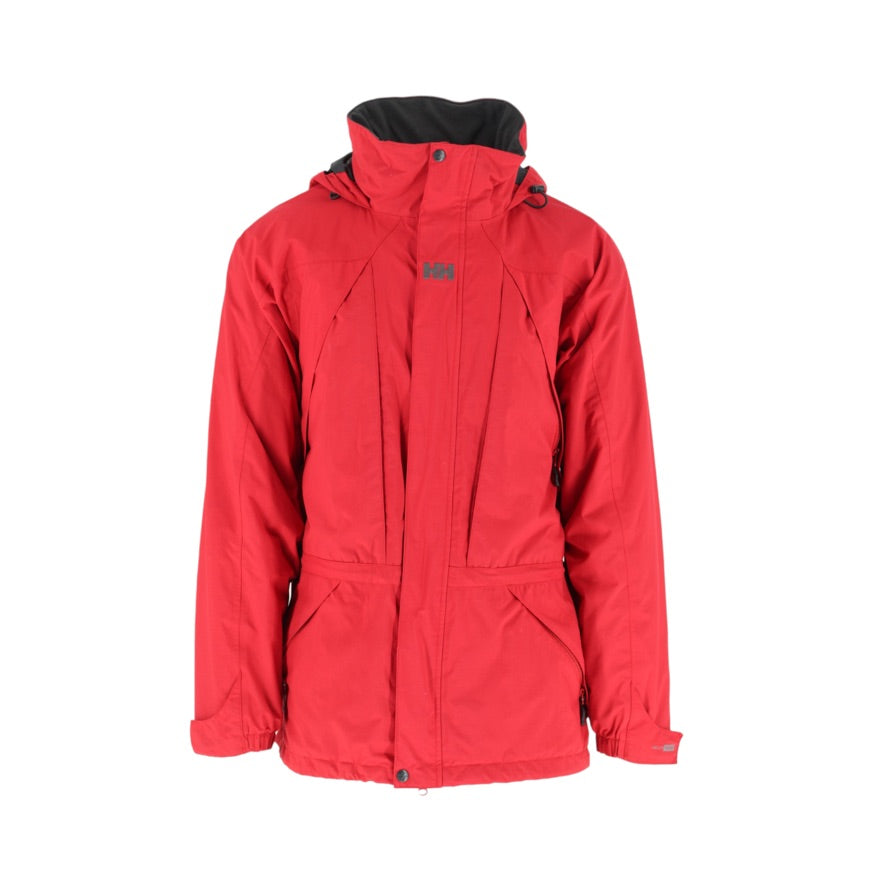 A red hooded outdoor jacket with a black interior lining and a small dark logo on the chest, displayed against a plain white background.