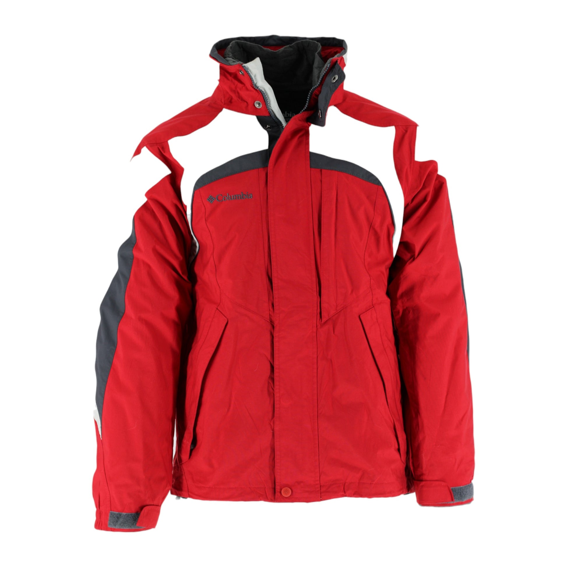 Red and gray jacket with Columbia logo on a white background