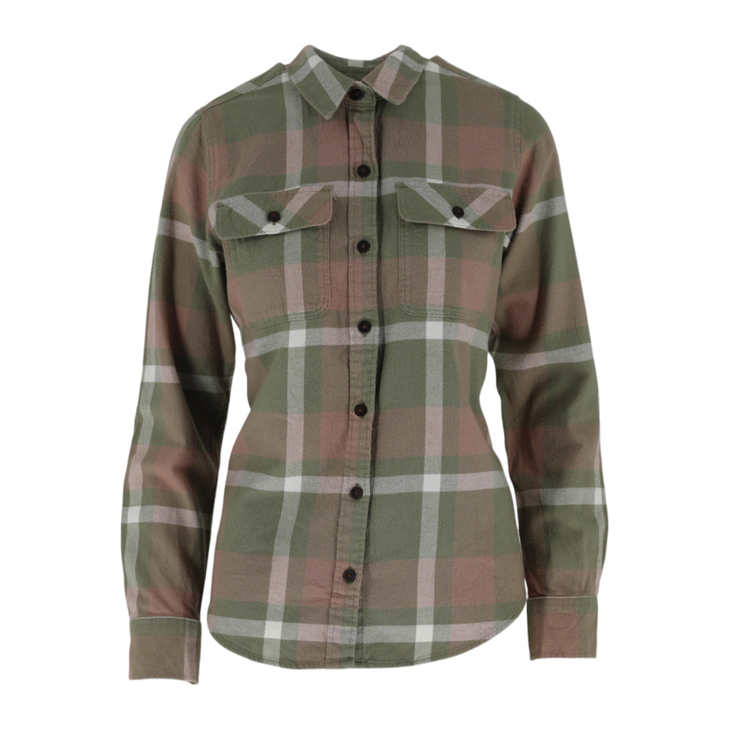 Plaid shirt with green, brown, and white pattern on a white background