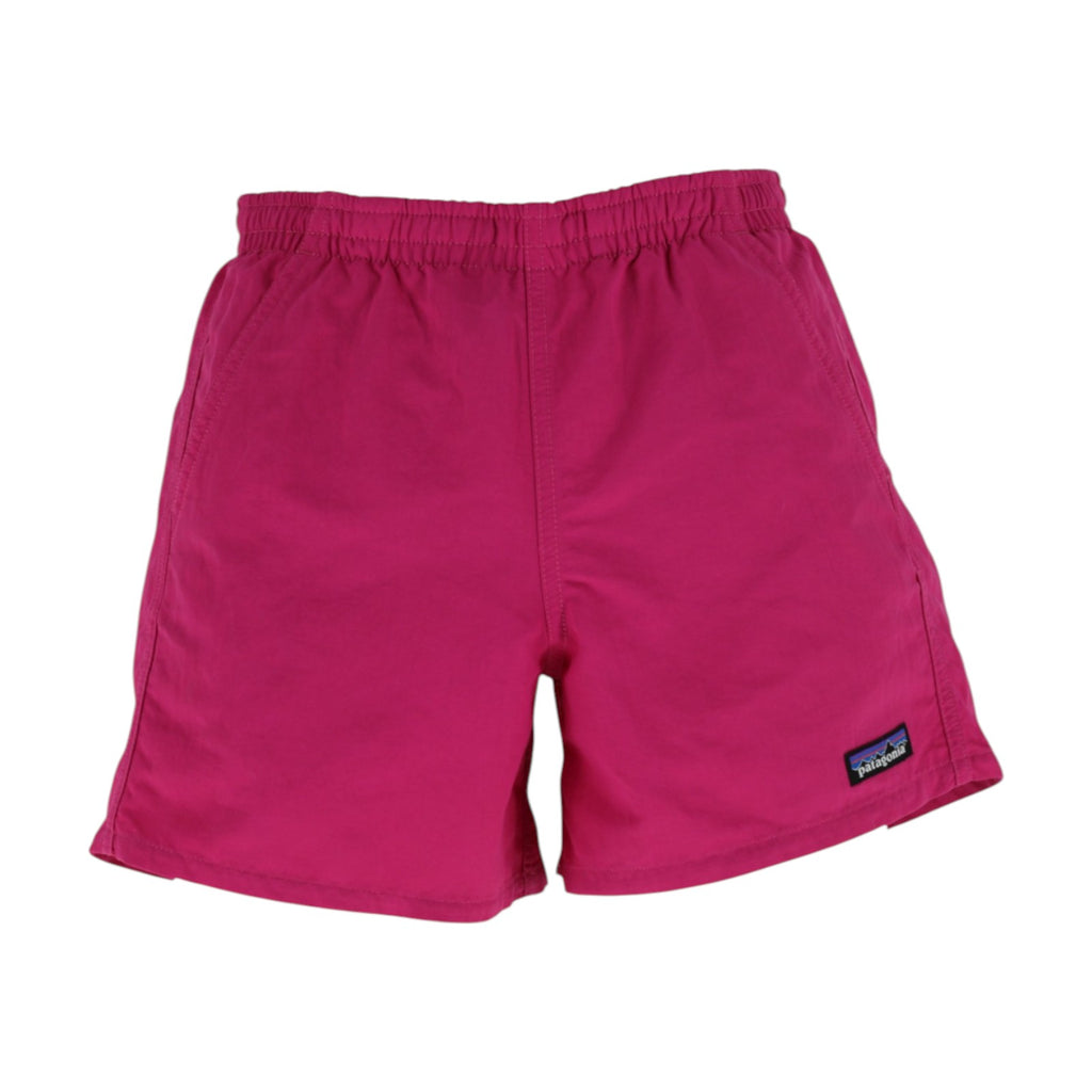 Pink shorts with a Patagonia logo on a white background