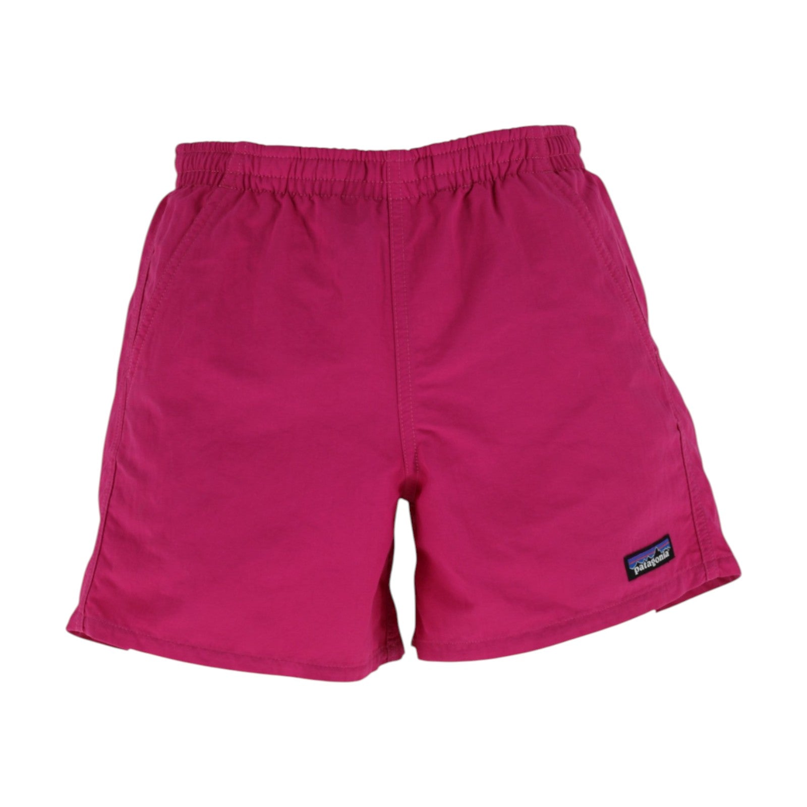 Pink shorts with a Patagonia logo on a white background